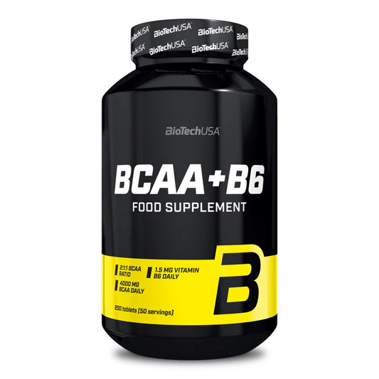 Comprimés BCAA+B6 de BioTech USA, complément alimentaire avec des acides aminés essentiels et de la vitamine B6 pour soutenir les fonctions métaboliques et la récupération musculaire.