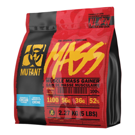 Sac de Mutant Mass gainer haute qualité pour la prise de masse musculaire, avec 56 g de protéines et 192 g de glucides par portion, enrichi en BCAA et vitamines.