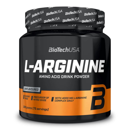 Complément alimentaire L-Arginine BioTech USA en poudre, conçu pour favoriser la production d'oxyde nitrique et améliorer la performance physique.
