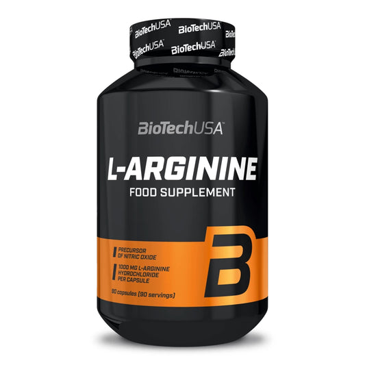 Complément alimentaire L-Arginine BioTech USA en poudre, conçu pour favoriser la production d'oxyde nitrique et améliorer la performance physique.