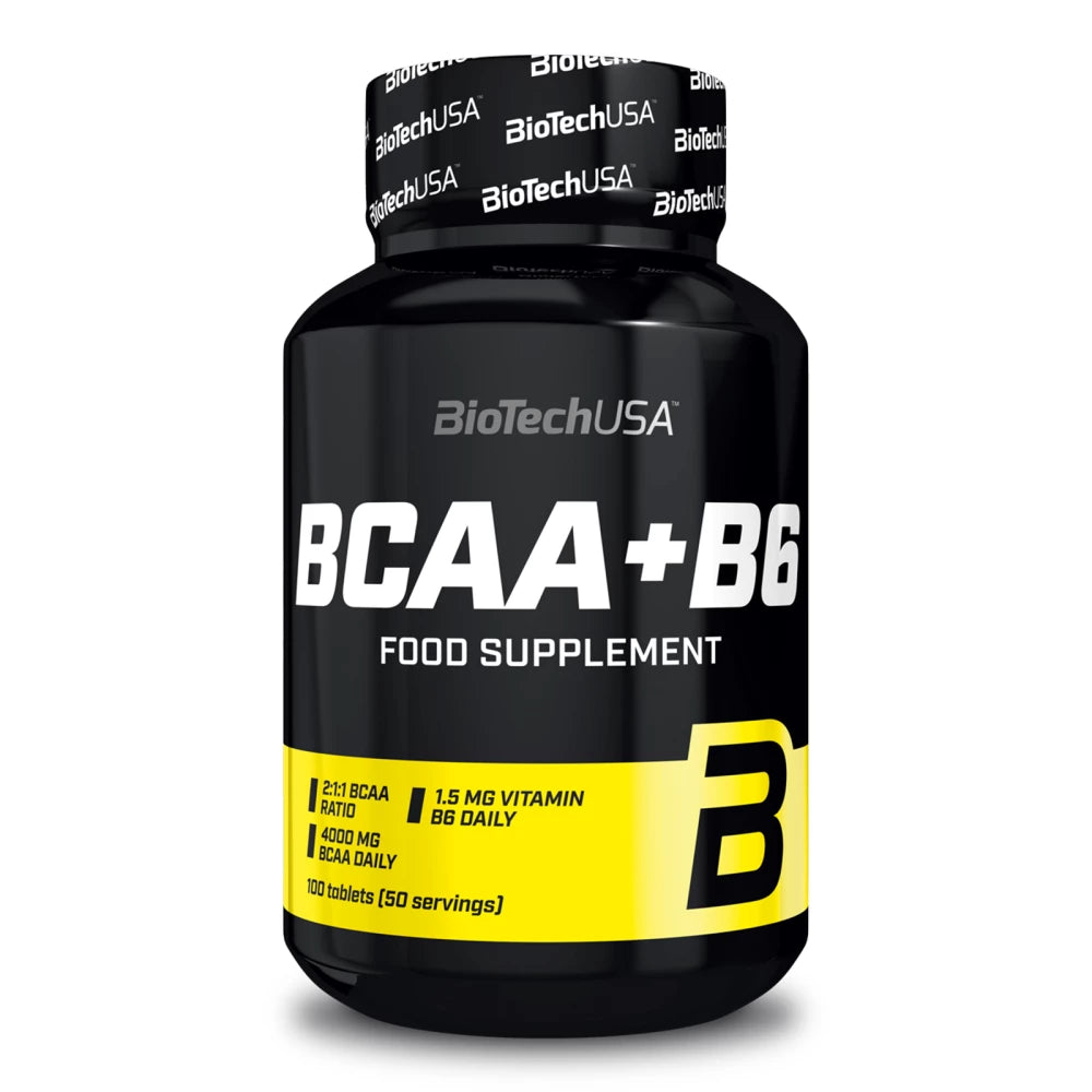 Comprimés BCAA+B6 de BioTech USA, complément alimentaire avec des acides aminés essentiels et de la vitamine B6 pour soutenir les fonctions métaboliques et la récupération musculaire.