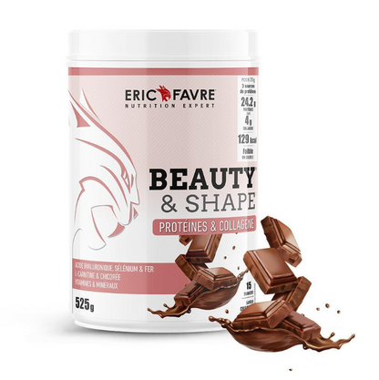 Shaker protéiné Beauty & Shape au chocolat d'Eric Favre, riche en protéines, collagène et vitamines pour soutenir la masse musculaire, la perte de poids et la santé de la peau.