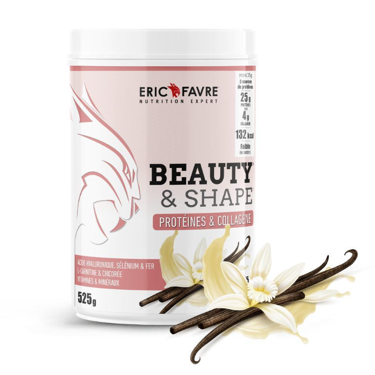 Shaker protéiné Beauty & Shape au chocolat d'Eric Favre, riche en protéines, collagène et vitamines pour soutenir la masse musculaire, la perte de poids et la santé de la peau.