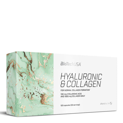 Image d’un flacon de Hyaluronic & Collagen de BioTechUSA – Complément alimentaire en capsules contenant 280 mg de collagène hydrolysé et 60 mg d’acide hyaluronique par portion, sans gluten et facile à consommer.