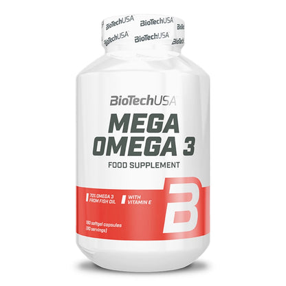 Bouteille de Mega Omega 3 BioTech USA – Complément alimentaire à base d’huile de poisson, riche en oméga-3 (EPA et DHA) avec vitamine E.
