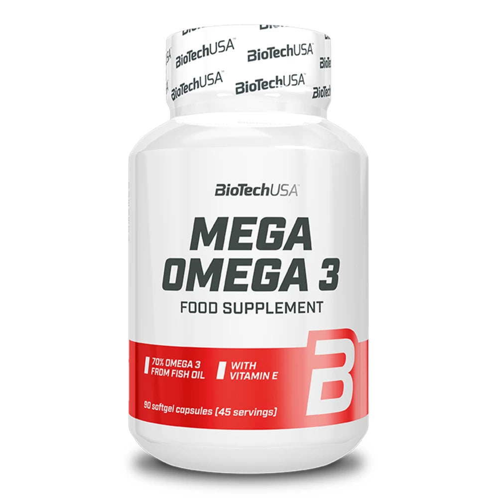 Bouteille de Mega Omega 3 BioTech USA – Complément alimentaire à base d’huile de poisson, riche en oméga-3 (EPA et DHA) avec vitamine E.