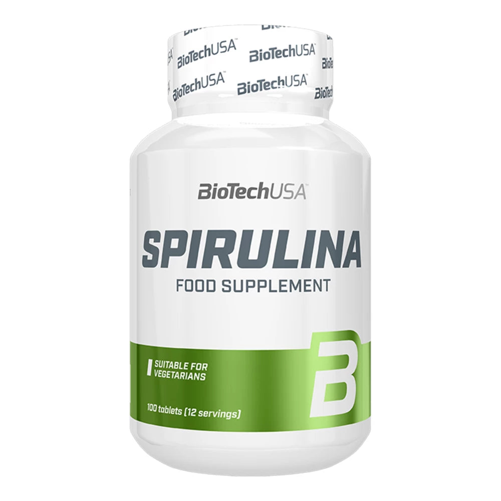 Boîte de Spirulina de BioTech USA, un super-aliment riche en protéines, vitamines et minéraux, idéale pour les sportifs et les personnes actives.