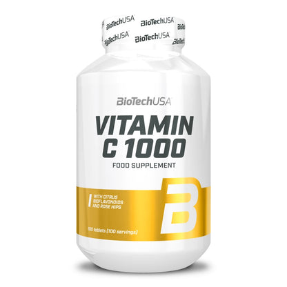 Boîte de Vitamin C 1000 de BioTech USA, complément alimentaire riche en vitamine C, extraits végétaux (fleur de sureau, zestes de citron, cynorhodon) et bioflavonoïdes.