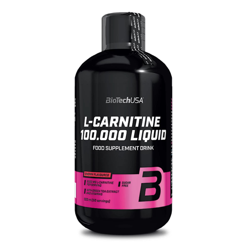 Flacon de L-Carnitine 100,000 Liquid de BioTech USA avec extrait de thé vert et vitamines B, conçu pour soutenir le métabolisme des graisses et améliorer l'énergie.