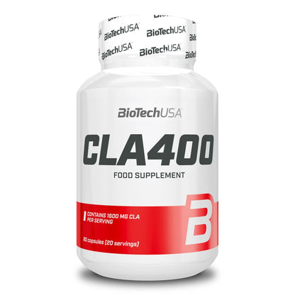 Boîte de CLA 400 de BioTech USA, contenant des capsules d'acide linoléique conjugué (CLA) pour soutenir la gestion du poids et la réduction des graisses corporelles.