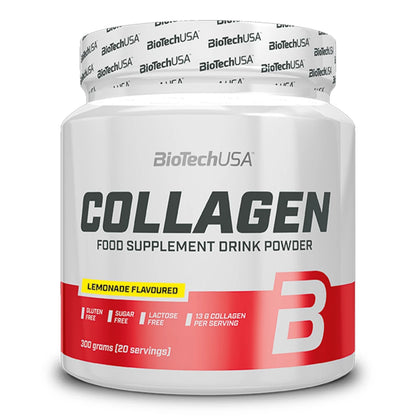 Collagen de BioTech USA, complément alimentaire en poudre pour le confort articulaire et la santé de la peau, enrichi en collagène, vitamines et acide hyaluronique.