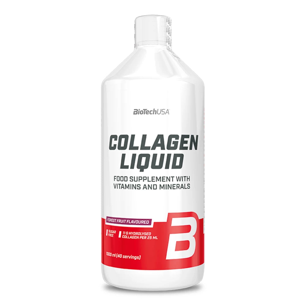 Bouteille de Collagen Liquid de BioTech USA, complément alimentaire pour la santé des articulations et de la peau, avec vitamines C et D, sans sucre.