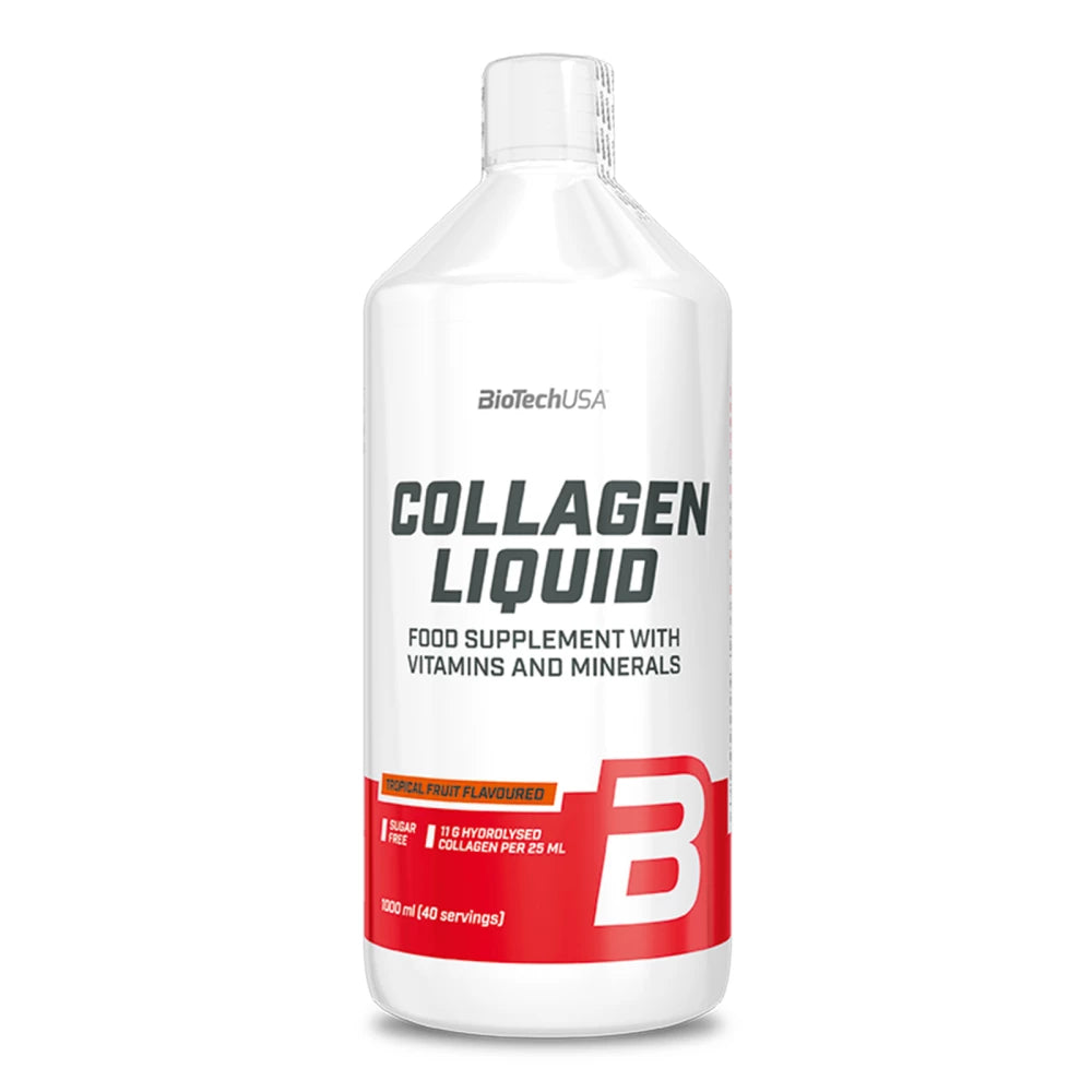 Bouteille de Collagen Liquid de BioTech USA, complément alimentaire pour la santé des articulations et de la peau, avec vitamines C et D, sans sucre.