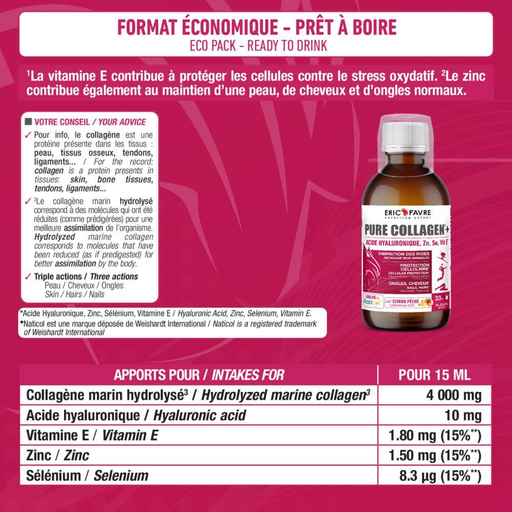 Pure Collagen marin hydrolysé 4 000 mg de collagène marin hydrolysé + Acide hyaluronique Formule liquide