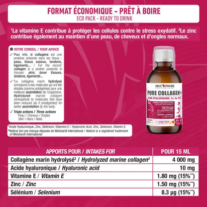 Pure Collagen marin hydrolysé 4 000 mg de collagène marin hydrolysé + Acide hyaluronique Formule liquide