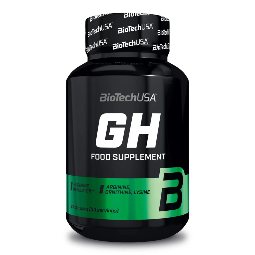 Boîte de complément alimentaire GH de BioTech USA, conçu pour soutenir l'hormone de croissance et la performance des sportifs, avec L-Arginine, L-Ornithine et L-Lysine.