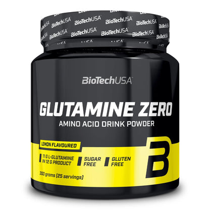 Boîte de Glutamine Zero de BioTechUSA, poudre aromatisée contenant 11 g de L-glutamine par dose, sans sucre, sans aspartame et sans conservateur, idéale pour l'entraînement.
