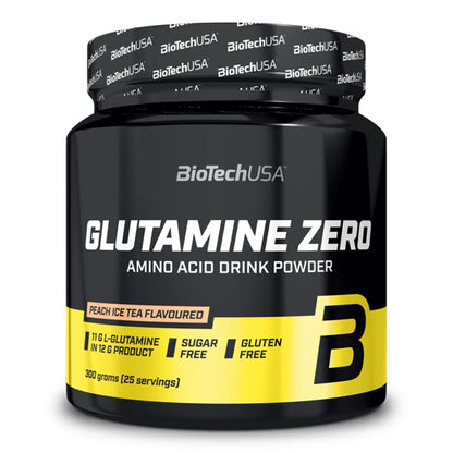 Boîte de Glutamine Zero de BioTechUSA, poudre aromatisée contenant 11 g de L-glutamine par dose, sans sucre, sans aspartame et sans conservateur, idéale pour l'entraînement.