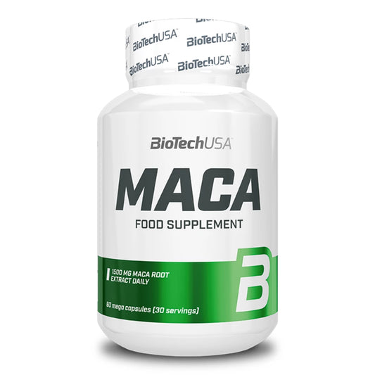 Boîte de Maca BioTech USA, complément alimentaire à base d'extrait de racine de Maca, un super aliment naturel pour l'énergie et la vitalité. 60 capsules.