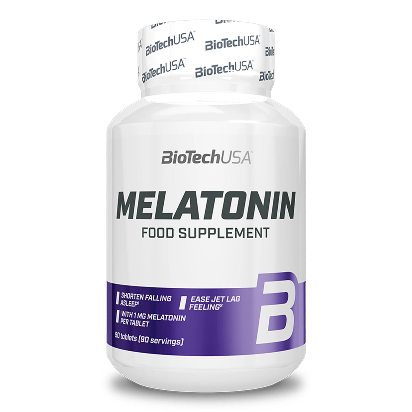 Boîte de 90 gélules de Mélatonine BioTechUSA pour améliorer le sommeil et réduire les effets du décalage horaire.