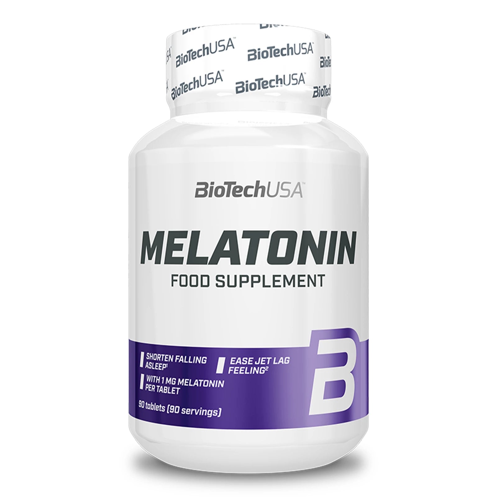 Boîte de 90 gélules de Mélatonine BioTechUSA pour améliorer le sommeil et réduire les effets du décalage horaire.