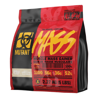 Sac de Mutant Mass gainer haute qualité pour la prise de masse musculaire, avec 56 g de protéines et 192 g de glucides par portion, enrichi en BCAA et vitamines.