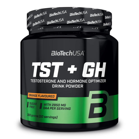 Boîte de TST + GH de BioTech USA, complément alimentaire pour soutenir la production de testostérone et d’hormones de croissance avec des ingrédients comme l'acide D-aspartique, AAKG et L-glutamine.